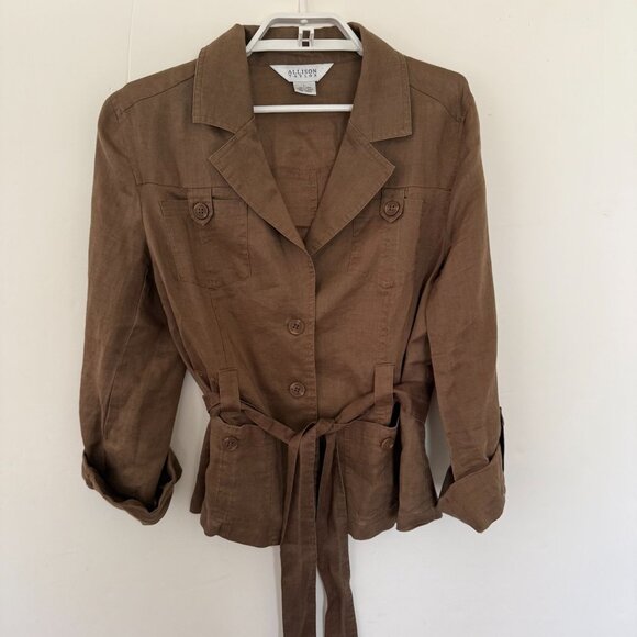 Allison Taylor Brown 100% Linen Long-Sleeve Belted Jacket Large - Picture 1 of 4
